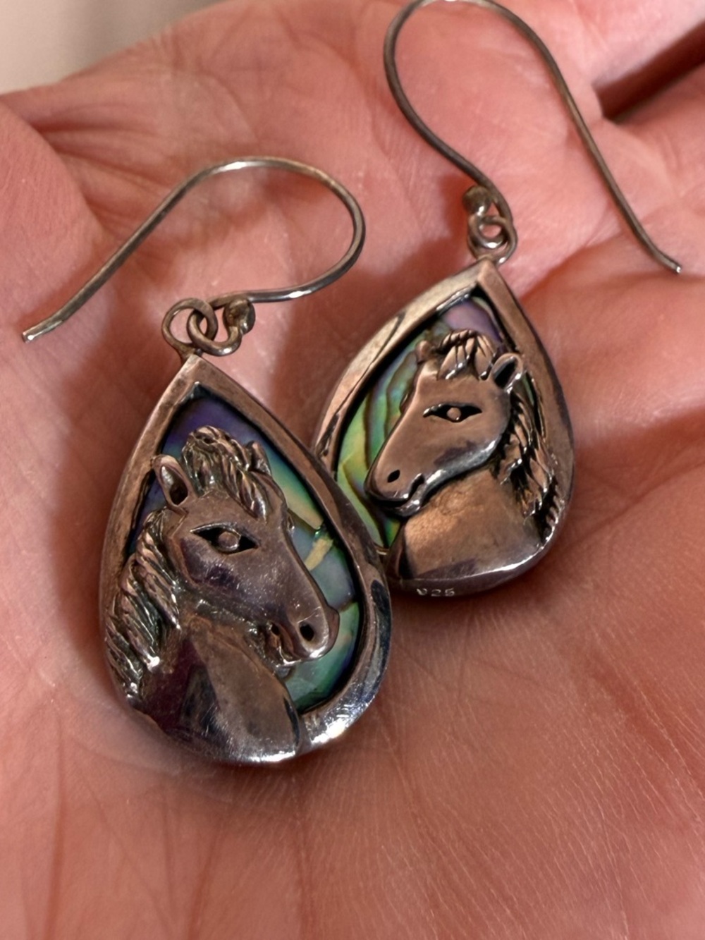 Vintage sterling silver sculpted Horse abalone tear drop dangle western earrings